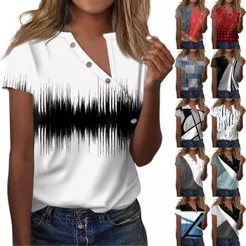 Жен. Футболка Футболка С принтом Пуговицы С короткими рукавами Повседневные Выходные Мода V-образный вырез Обычный Топ L чёрный