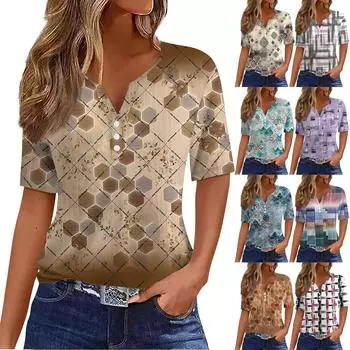 Жен. Футболка Футболка С принтом Пуговицы С короткими рукавами Повседневные Выходные Мода Классический V-образный вырез Обычный Верх XXL хаки