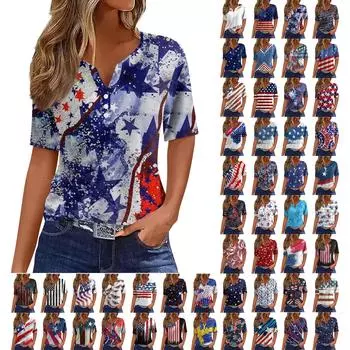 Жен. Футболка Футболка С принтом Пуговицы С короткими рукавами Повседневные Выходные Мода Классический V-образный вырез Обычный Верх S