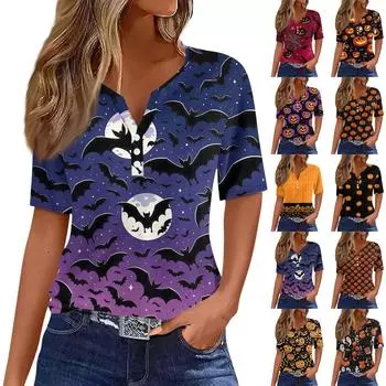 Жен. Футболка Футболка С принтом Пуговицы С короткими рукавами Повседневные Выходные Мода Классический V-образный вырез Обычный Верх L