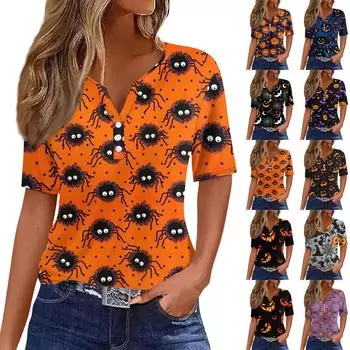 Жен. Футболка Футболка С принтом Пуговицы С короткими рукавами Повседневные Выходные Мода Классический V-образный вырез Обычный Верх XXXL чёрный