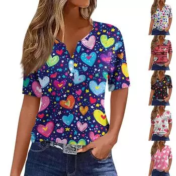 Жен. Футболка Футболка С принтом Пуговицы С короткими рукавами Повседневные Выходные Мода Классический V-образный вырез Обычный Верх XXXL