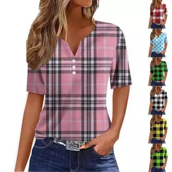 Жен. Футболка Футболка С принтом Пуговицы С короткими рукавами Повседневные Выходные Мода Классический V-образный вырез Обычный Верх L темно-зеленого