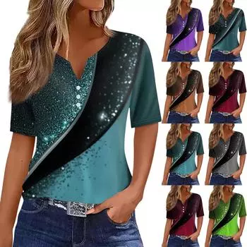 Жен. Футболка Футболка С принтом Пуговицы С короткими рукавами Повседневные Выходные Мода Классический V-образный вырез Обычный Верх L синий