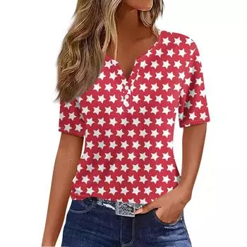 Жен. Футболка Футболка С принтом Пуговицы С короткими рукавами Повседневные Выходные Мода Классический V-образный вырез Обычный Верх S
