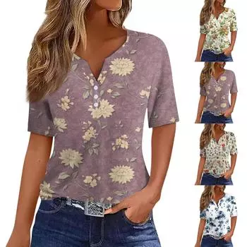 Жен. Футболка Футболка С принтом Пуговицы С короткими рукавами Повседневные Выходные Мода Классический V-образный вырез Обычный Верх M