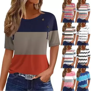 Жен. Футболка Футболка с принтом Пуговицы С короткими рукавами Повседневные Выходные Мода Классический Круглый вырез Обычный Топ L бежевый