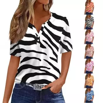 Жен. Футболка Футболка С принтом Пуговицы С короткими рукавами Повседневные Выходные Мода Классический V-образный вырез Обычный Верх S чёрный