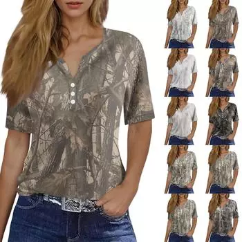 Жен. Футболка Футболка С принтом Пуговицы С короткими рукавами Повседневные Выходные Мода Классический V-образный вырез Обычный Верх L бежевый