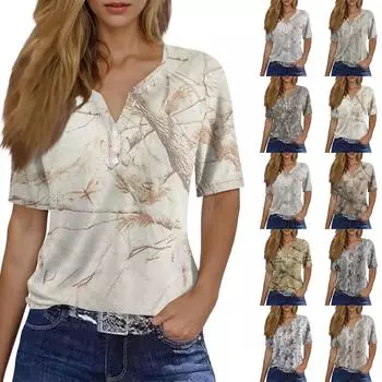Жен. Футболка Футболка С принтом Пуговицы С короткими рукавами Повседневные Выходные Мода Классический V-образный вырез Обычный Верх S