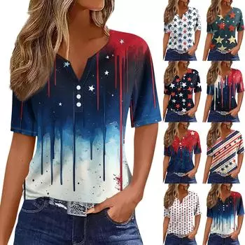 Жен. Футболка Футболка С принтом Пуговицы С короткими рукавами Повседневные Выходные Мода Классический V-образный вырез Обычный Верх XL синий