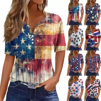 Жен. Футболка Футболка С принтом Пуговицы С короткими рукавами Повседневные Выходные Мода Классический V-образный вырез Обычный Верх M киноварь