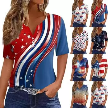 Жен. Футболка Футболка С принтом Пуговицы С короткими рукавами Повседневные Выходные Мода Классический V-образный вырез Обычный Верх L киноварь