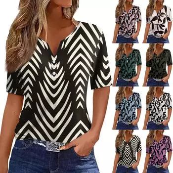 Жен. Футболка Футболка С принтом Пуговицы С короткими рукавами Повседневные Выходные Мода Классический V-образный вырез Обычный Верх S хаки