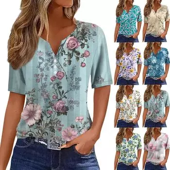 Жен. Футболка Футболка С принтом Пуговицы С короткими рукавами Повседневные Выходные Мода Классический V-образный вырез Обычный Верх L синий
