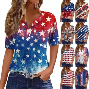 Жен. Футболка Футболка С принтом Пуговицы С короткими рукавами Повседневные Выходные Мода Классический V-образный вырез Обычный Верх XXL хаки