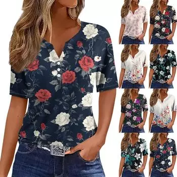 Жен. Футболка Футболка С принтом Пуговицы С короткими рукавами Повседневные Выходные Мода Классический V-образный вырез Обычный Верх S бежевый