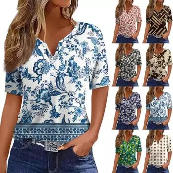 Жен. Футболка Футболка С принтом Пуговицы С короткими рукавами Повседневные Выходные Мода Классический V-образный вырез Обычный Верх L бежевый