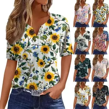 Жен. Футболка Футболка С принтом Пуговицы С короткими рукавами Повседневные Выходные Мода Классический V-образный вырез Обычный Верх L