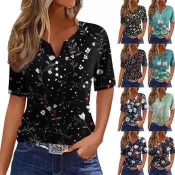 Жен. Футболка Футболка С принтом Пуговицы С короткими рукавами Повседневные Выходные Мода Классический V-образный вырез Обычный Верх XXL чёрный