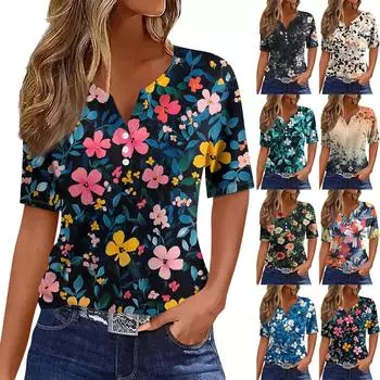 Жен. Футболка Футболка С принтом Пуговицы С короткими рукавами Повседневные Выходные Мода Классический V-образный вырез Обычный Верх XL тёмно-синий