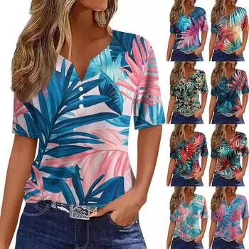 Жен. Футболка Футболка С принтом Пуговицы С короткими рукавами Повседневные Выходные Мода Классический V-образный вырез Обычный Верх XL