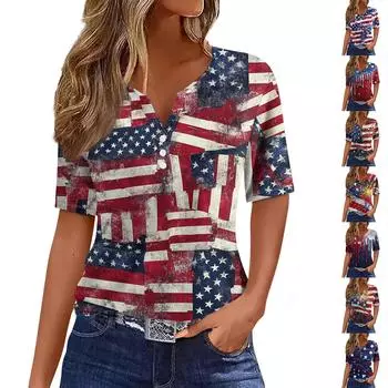 Жен. Футболка Футболка С принтом Пуговицы С короткими рукавами Повседневные Выходные Мода Классический V-образный вырез Обычный Верх XXL чёрный