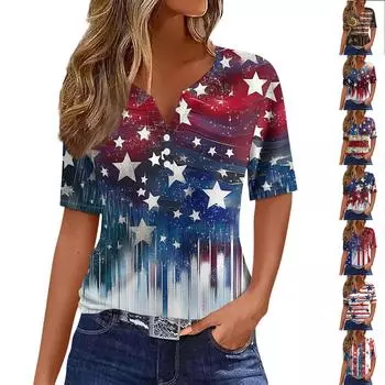 Жен. Футболка Футболка С принтом Пуговицы С короткими рукавами Повседневные Выходные Мода Классический V-образный вырез Обычный Верх XL тёмно-синий