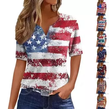 Жен. Футболка Футболка С принтом Пуговицы С короткими рукавами Повседневные Выходные Мода Классический V-образный вырез Обычный Верх M чёрный