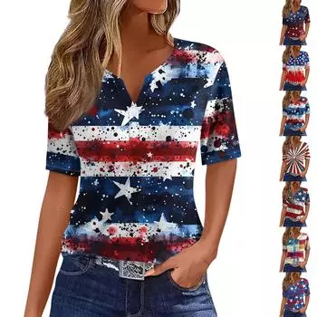 Жен. Футболка Футболка С принтом Пуговицы С короткими рукавами Повседневные Выходные Мода Классический V-образный вырез Обычный Верх S