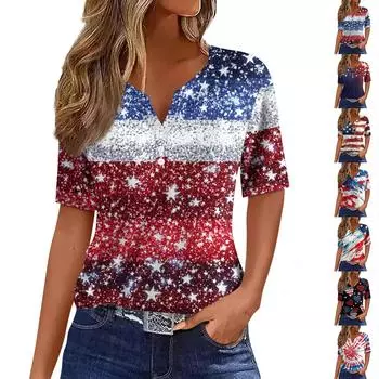 Жен. Футболка Футболка С принтом Пуговицы С короткими рукавами Повседневные Выходные Мода Классический V-образный вырез Обычный Верх L