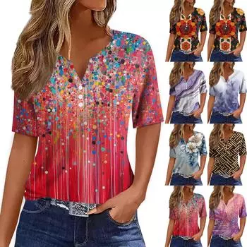 Жен. Футболка Футболка С принтом Пуговицы С короткими рукавами Повседневные Выходные Мода Классический V-образный вырез Обычный Верх S чёрный