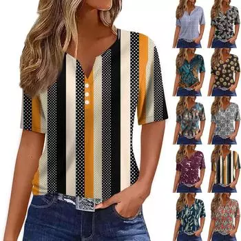 Жен. Футболка Футболка С принтом Пуговицы С короткими рукавами Повседневные Выходные Мода Классический V-образный вырез Обычный Верх M
