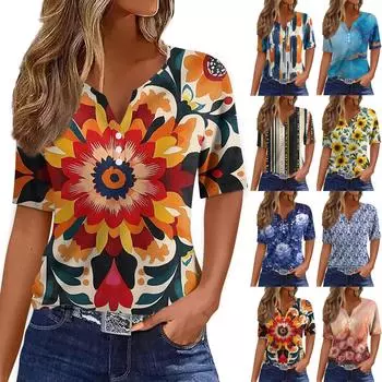 Жен. Футболка Футболка С принтом Пуговицы С короткими рукавами Повседневные Выходные Мода Классический V-образный вырез Обычный Верх XXL