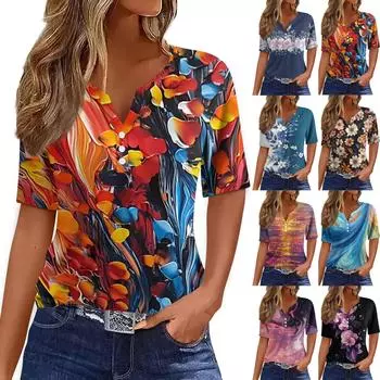 Жен. Футболка Футболка С принтом Пуговицы С короткими рукавами Повседневные Выходные Мода Классический V-образный вырез Обычный Верх L синий