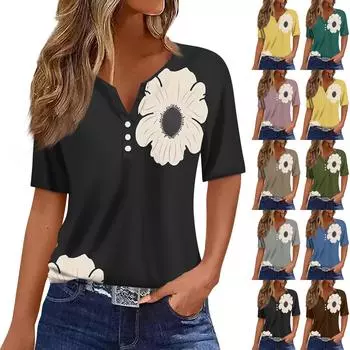 Жен. Футболка Футболка С принтом Пуговицы С короткими рукавами Повседневные Выходные Мода Классический V-образный вырез Обычный Верх S циан