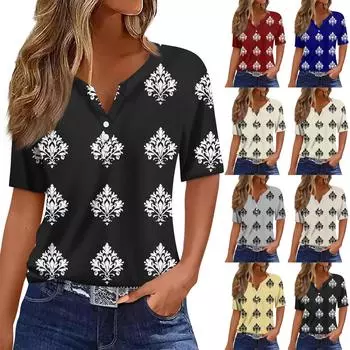 Жен. Футболка Футболка С принтом Пуговицы С короткими рукавами Повседневные Выходные Мода Классический V-образный вырез Обычный Верх M жёлтый