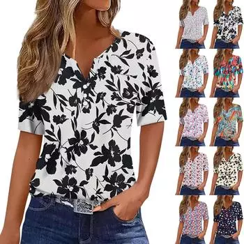 Жен. Футболка Футболка С принтом Пуговицы С короткими рукавами Повседневные Выходные Мода Классический V-образный вырез Обычный Верх XXL
