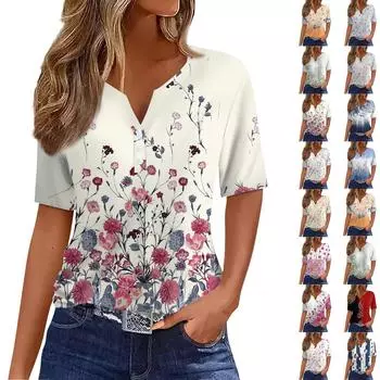 Жен. Футболка Футболка С принтом Пуговицы С короткими рукавами Повседневные Выходные Мода Классический V-образный вырез Обычный Верх L