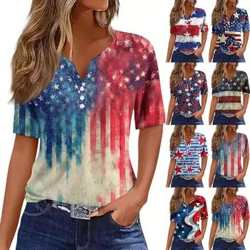 Жен. Футболка Футболка С принтом Пуговицы С короткими рукавами Повседневные Выходные Мода Классический V-образный вырез Обычный Верх L синий
