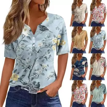 Жен. Футболка Футболка С принтом Пуговицы С короткими рукавами Повседневные Выходные Мода Классический V-образный вырез Обычный Топ Лето XL хаки