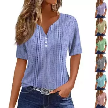 Жен. Футболка Футболка С принтом Пуговицы С короткими рукавами Повседневные Выходные Мода Классический V-образный вырез Обычный Верх M