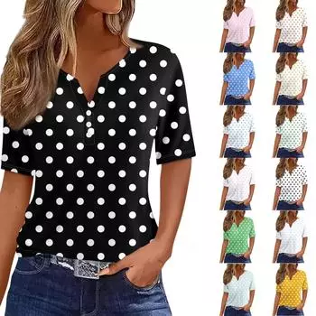 Жен. Футболка Футболка С принтом Пуговицы С короткими рукавами Повседневные Выходные Мода Классический V-образный вырез Обычный Верх XXXL