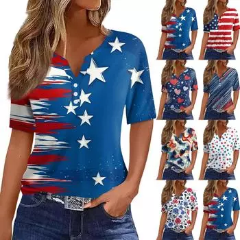 Жен. Футболка Футболка С принтом Пуговицы С короткими рукавами Повседневные Выходные Мода Классический V-образный вырез Обычный Верх L синий