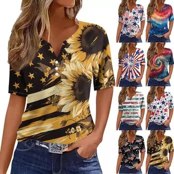 Жен. Футболка Футболка С принтом Пуговицы С короткими рукавами Повседневные Выходные Мода Классический V-образный вырез Обычный Верх S чёрный