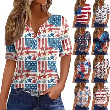Жен. Футболка Футболка С принтом Пуговицы С короткими рукавами Повседневные Выходные Мода Классический V-образный вырез Обычный Верх M красный