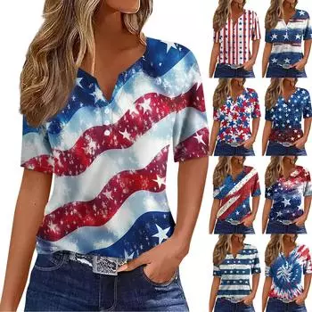 Жен. Футболка Футболка С принтом Пуговицы С короткими рукавами Повседневные Выходные Мода Классический V-образный вырез Обычный Верх XXL киноварь