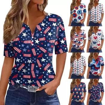 Жен. Футболка Футболка С принтом Пуговицы С короткими рукавами Повседневные Выходные Мода Классический V-образный вырез Обычный Верх S синий
