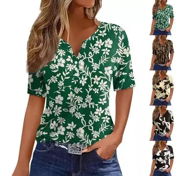 Жен. Футболка Футболка С принтом Пуговицы С короткими рукавами Повседневные Выходные Мода Классический V-образный вырез Обычный Верх XXL зелёный