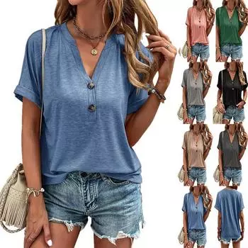 Жен. Футболка Футболка С принтом Пуговицы С короткими рукавами Повседневные Выходные Мода Классический V-образный вырез Обычный Верх XXXL чёрный
